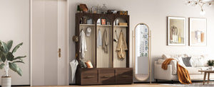 English Elm Farmhouse Hall Tree with Arched Panels Bench Drawers and Hooks for Mudroom Entryway Walnut W5271S00006