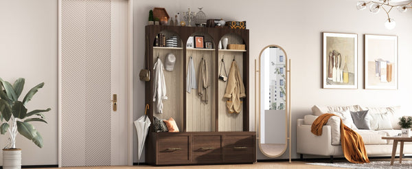 English Elm Farmhouse Hall Tree with Arched Panels Bench Drawers and Hooks for Mudroom Entryway Walnut W5271S00006