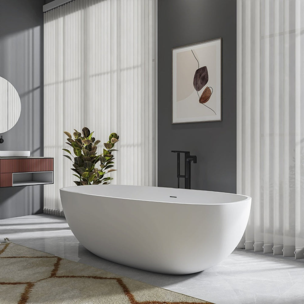 English Elm 71 Inch Freestanding Solid Surface Soaking Tub Matte White Seamless Sculptural Bath W1613P355483