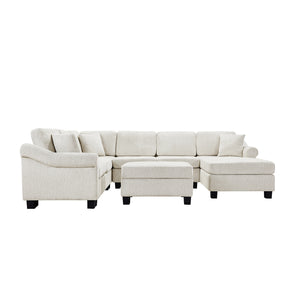 English Elm Sectional Plush chenille U-shaped sofa with pleated arms, pocket-spring seats & hidden ottoman storage White N719S000810K