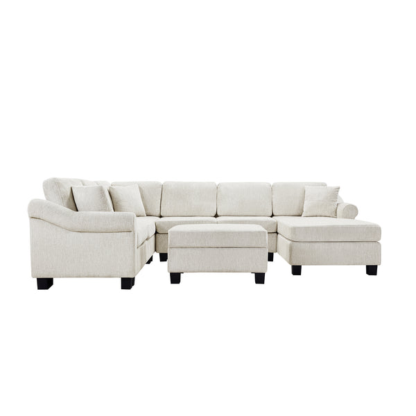 English Elm Sectional Plush chenille U-shaped sofa with pleated arms, pocket-spring seats & hidden ottoman storage White N719S000810K