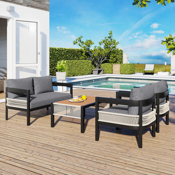 English Elm U_Style Outdoor Iron Rattan Sofa Set with Table — Rustproof, Waterproof, Cushioned Comfort for Garden Relaxation Grey WY000434AAE