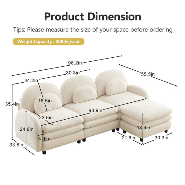 English Elm Teddy Fleece Modular Cloud Sofa Plush Curved Sectional with Ottoman for Living Room Beige White W5656S00082