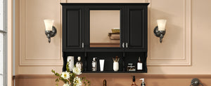 English Elm 35'' Modern Wall-Mounted Medicine Cabinet with Mirror, Hidden Storage and Open Shelves for Bath Black N710P209443B