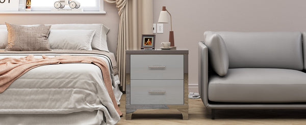 English Elm High Gloss Mirrored 2 Drawer Nightstand Slim Metal Legs Modern Bedroom Side Table Grey W5271P416536