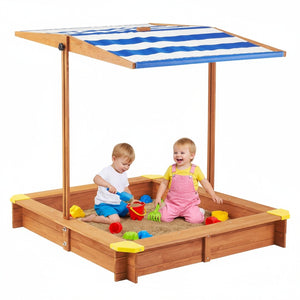 English Elm Kids Cedar Sandbox with Adjustable Canopy Corner Seating Outdoor Backyard Play D720094431