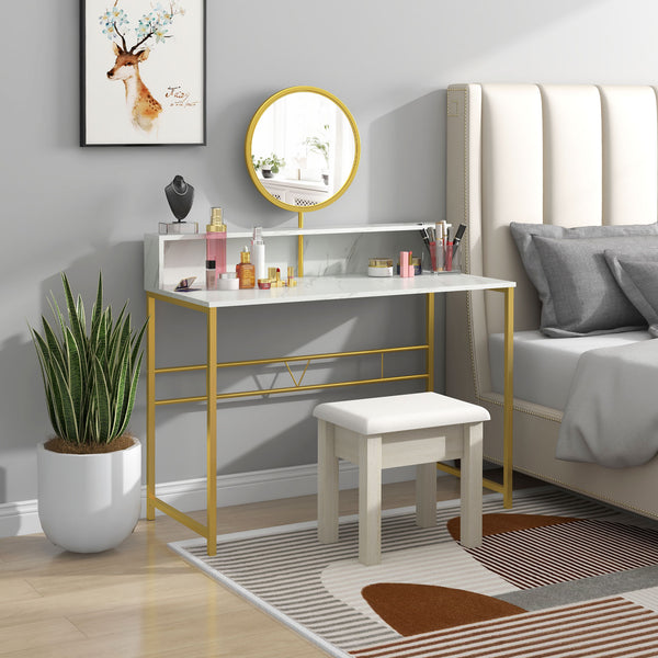 English Elm HOMCOM Faux Marble Vanity Desk with Rotating Mirror, Open Storage, Gold Steel Frame for Bedroom W2225P217016
