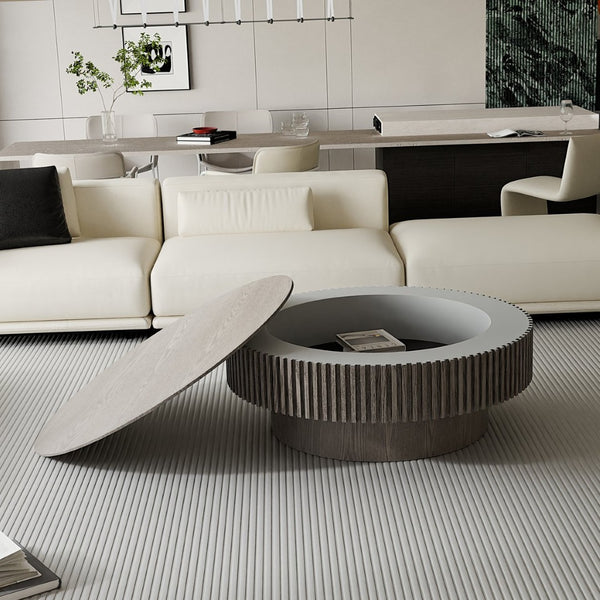 English Elm 39.37'' Round Lift Top Coffee Table Fluted Pedestal Wood Veneer Storage Living Room W1435P368903