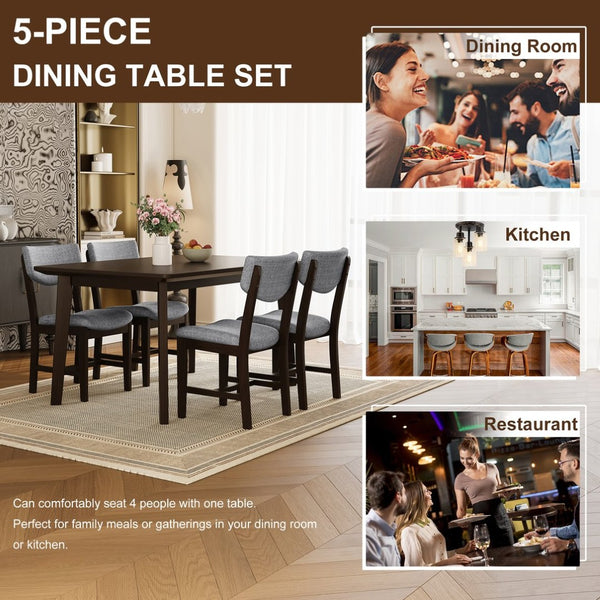 English Elm Rustic Farmhouse Five Piece Dining Set Rubberwood Legs Upholstered Chairs for Kitchen Espresso N752S000089P