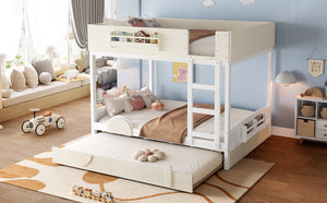 English Elm Queen Bunk Bed with Trundle Solid Pine Kids Car Themed Frame Built-in Bookshelf Beige+White W1580S00446