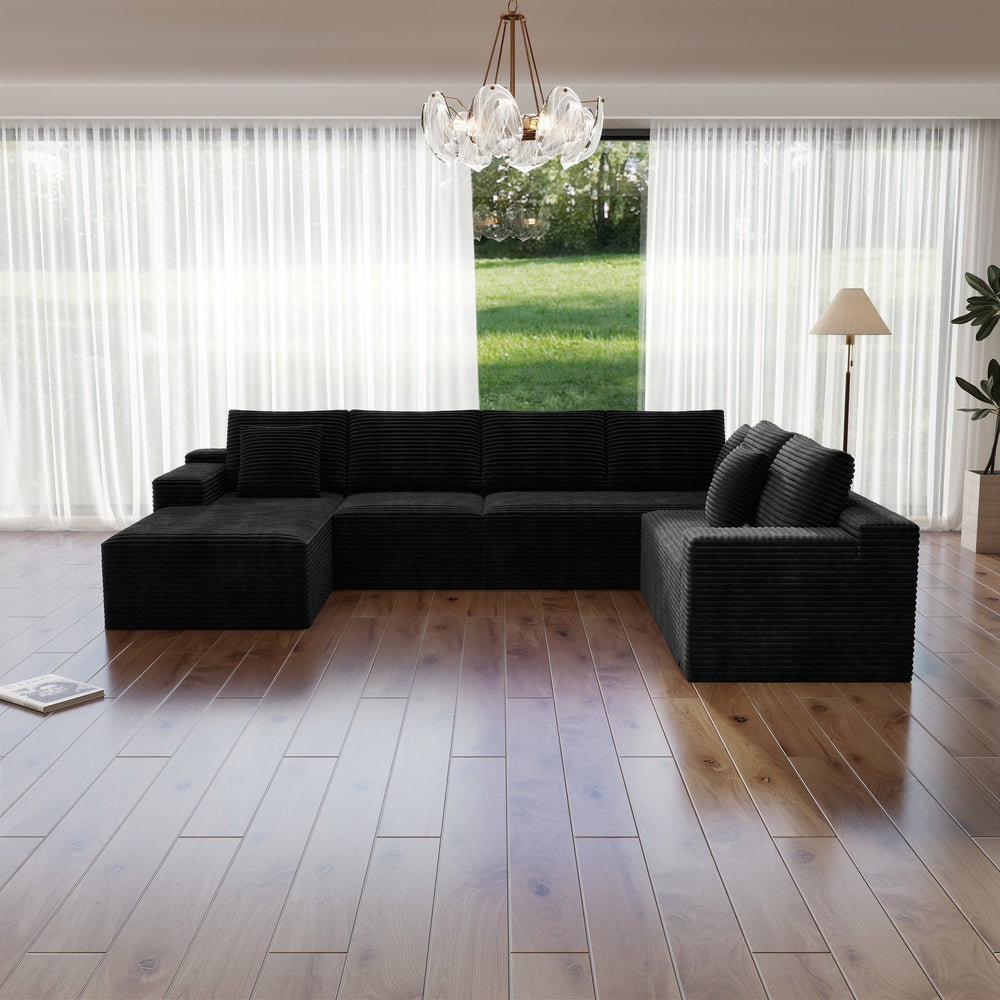 English Elm 131.9*104.3"Modular Sectional Sofa - No Assembly, Plush Corduroy, Versatile 4-Piece Design, Black Comfort W3819S00002
