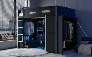 English Elm Full Size Gaming Loft Bed with Rgb Lighting Desk Wardrobe and Built-in Storage Blue LT100261AAC