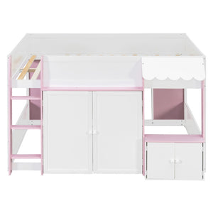 English Elm Twin House Loft Bed with Pull Out Rolling Desk Stair Drawers and Cabinet Storage N820S00074H