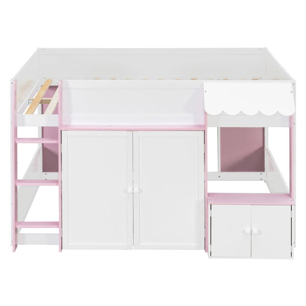 English Elm Twin House Loft Bed with Pull Out Rolling Desk Stair Drawers and Cabinet Storage N820S00074H