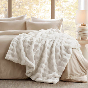 JLA Home Madison Park - Faux Plush Faux Fur Throw with Basket-Weave Texture, Machine-Washable, Oeko‑Tex Certified Comfort and Style Ivory MP50-8255