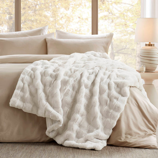 JLA Home Madison Park - Faux Plush Faux Fur Throw with Basket-Weave Texture, Machine-Washable, Oeko‑Tex Certified Comfort and Style Ivory MP50-8255