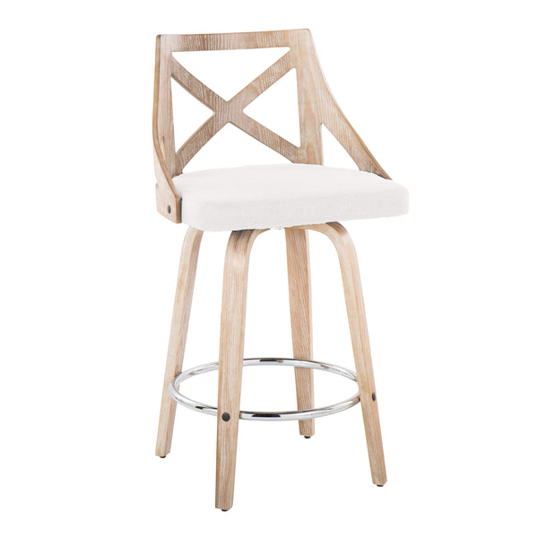 English Elm Charlotte Farmhouse Counter Stool 26" Fixed-Height Swivel Seat with X-Back, White Wash Wood, Upholstered Comfort, Set of 2 Cream B202S00184