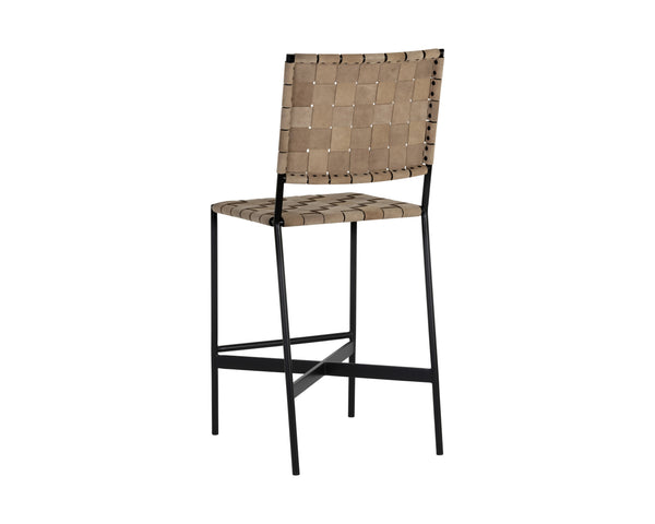 Sunpan Omari Elevated Bar Stool - Handcrafted Black Leather Weaved Seat with Stylish Iron Frame Design Suede Light Tan Leather
