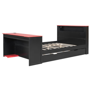 English Elm Full Size Wood Platform Daybed with Trundle Desk Rgb Led Lighting Gaming Bedroom Black+Red LT000284AAR