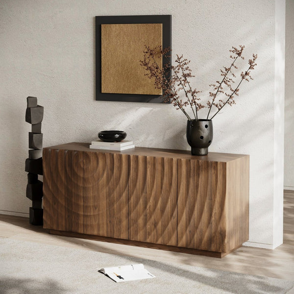 English Elm Buffet Sideboard with 3d Ripple Door Texture Walnut Finish Wide Living Room Storage W2263P467025