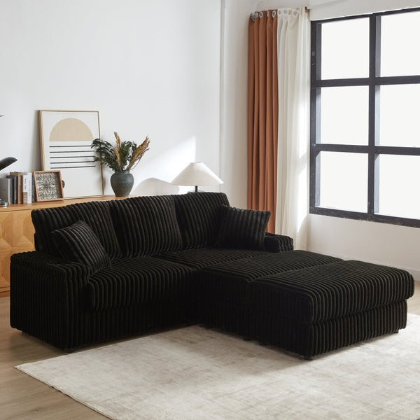 English Elm 84inch Corduroy Deep Seat Three Person Sofa with Storage Ottomans for Living Room Black W834S00566