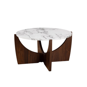 28" Round Coffee Table with Open Crossed Arch Base Calacatta Marble, Dark Walnut LNAL1K2CMDW Walker Edison