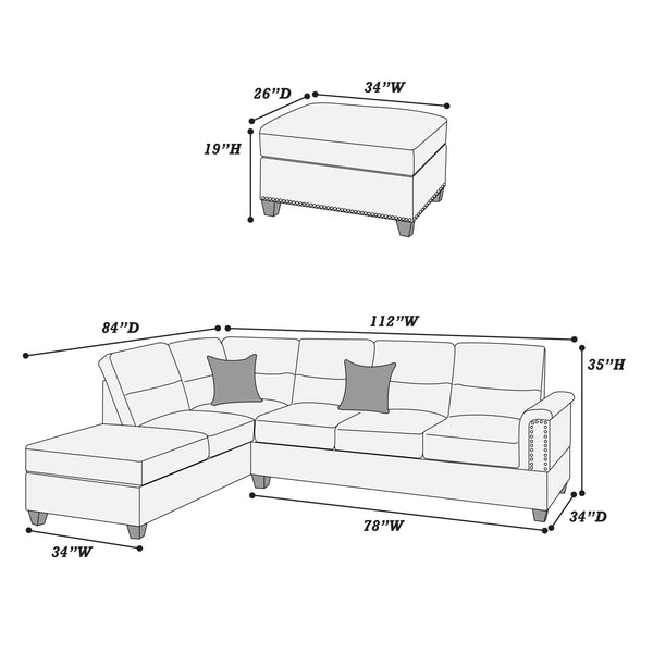 English Elm New Contemporary 3-PCS Reversible Sectional Sofa Set Espresso Faux Leather Chaise Ottoman Pillows Trimmed Studs B011S01062