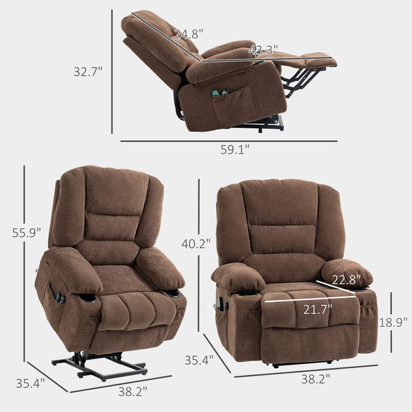 English Elm HOMCOM Power Lift Recliner Chair with Heat & 8-Mode Vibration Massage, Remote, Cup Holders Brown W2225P200399