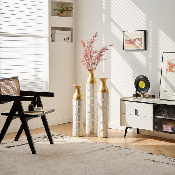 English Elm Floor White Metal Vases Set of 3 — Tall Glazed Cylinder Decor with Hammered Gold Trim, 24/28.7/33.5in W2796P193943