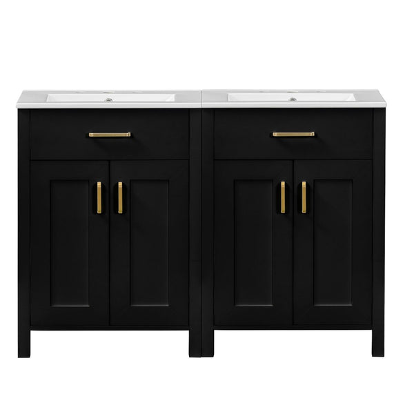 English Elm Modern 48 Inch Freestanding Bathroom Vanity Dual Ceramic Sinks Soft Close Gold Handles Black N729P000008B