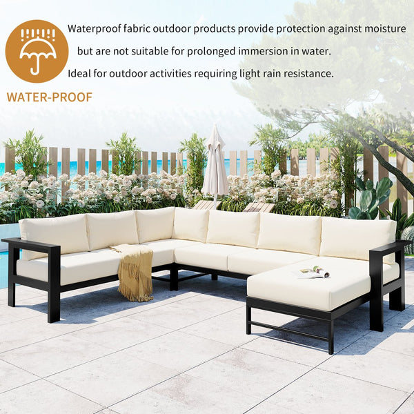 English Elm U-shaped outdoor sofa set with durable aluminum frame, polyspun cushions, high weight capacity and garden-ready style White WY000392AAA