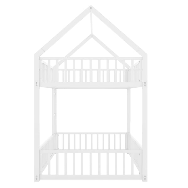 English Elm Metal Twin over Twin House Bunk Bed with Playful Roof, Sturdy Metal Frame, Quiet Support for Kids White N709P214091K