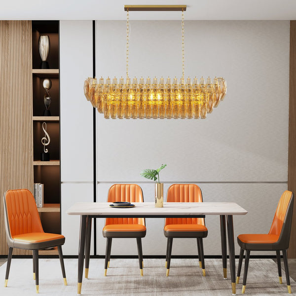 English Elm Modern 54" Gold Rectangular Chandelier — 12-Light Smoke Glass Tiered LED Pendant for Dining Room W1340P332566