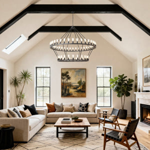 English Elm 59.06 Inch Matte Black Wagon Wheel Chandelier 54 Light Farmhouse Grand Entryway W5008P389266
