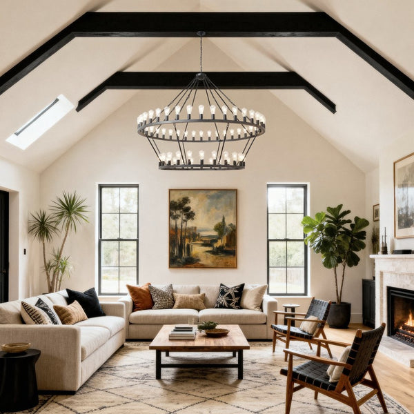 English Elm 59.06 Inch Matte Black Wagon Wheel Chandelier 54 Light Farmhouse Grand Entryway W5008P389266