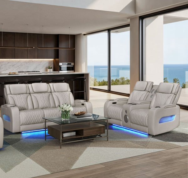English Elm Jazmina Power Reclining Sofa Loveseat Set with Led Lighting and Bluetooth Speakers White B2749S00347