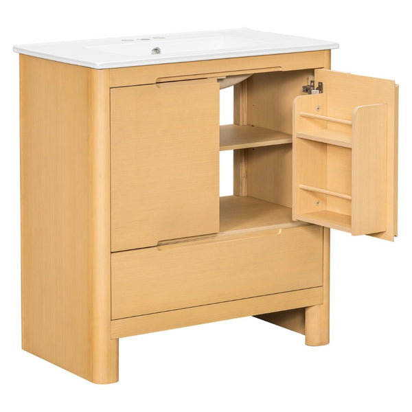 English Elm [video] 30 Inch Freestanding Bathroom Vanity Pine Legs Ceramic Sink Soft Close Storage Oak N759P412928O