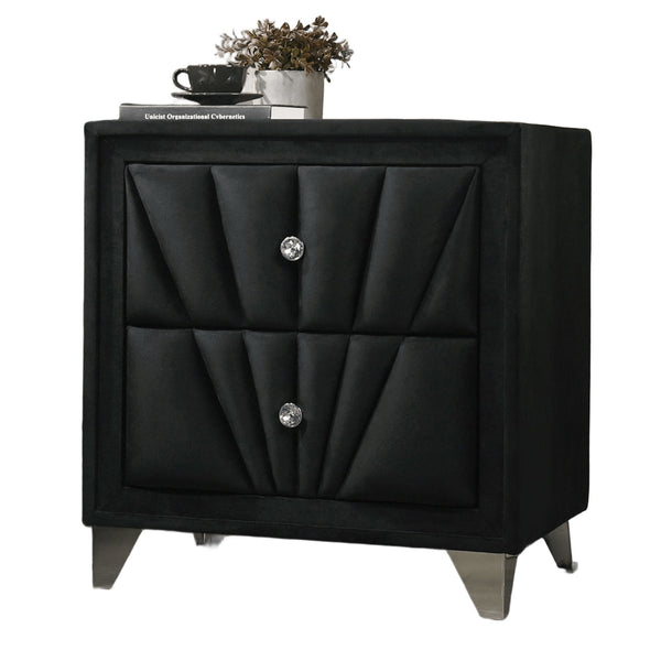 English Elm Gorgeous Art Deco Upholstered Nightstand with Velvet Finish, Glass Top, Crystal Knobs & Chrome Legs Black 29 L x 20 W x 25 H B2741P320907