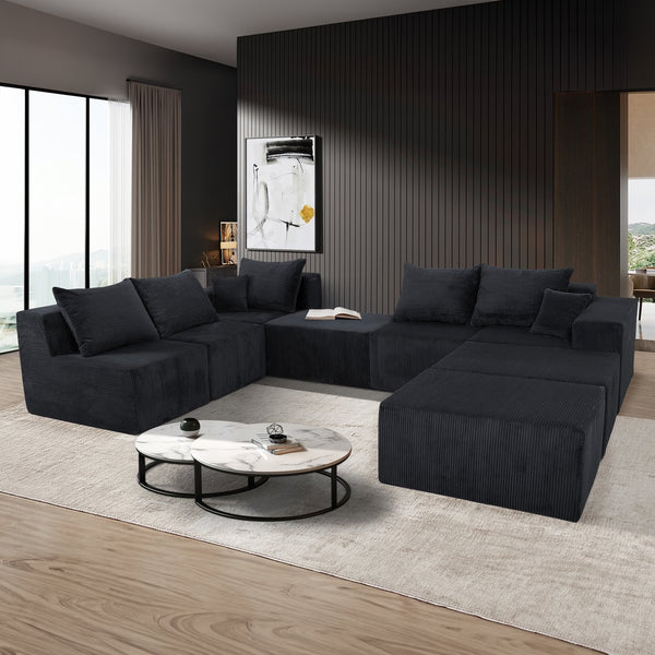 English Elm 8-Piece Modular U-Shaped Sectional Sofa with Oversized Chaise and Bed, Corduroy Luxury, No Assembly Needed Black W3163S00042