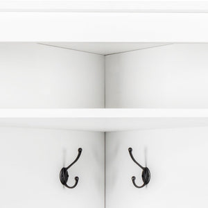 English Elm Minimalist White Corner Hall Tree with Bench Shoe Storage and Four Entryway Hooks N721P401788K