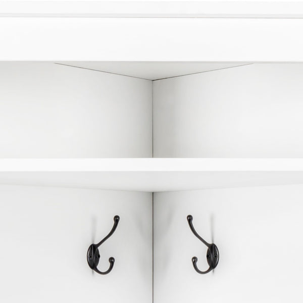 English Elm Minimalist White Corner Hall Tree with Bench Shoe Storage and Four Entryway Hooks N721P401788K