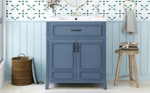 English Elm 30'' Retro Bathroom Vanity with Ceramic Sink, Solid Wood Frame, Soft-Close Doors & Ample Storage (Blue) N710P252113C