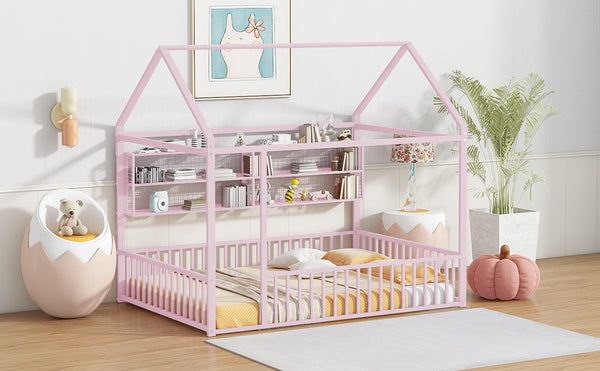 English Elm Full Metal House Bed Frame Full Size with Built-In Fence and 4 Grid Shelves for Durable Storage and Style Pink N737P175361H