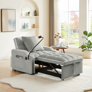 English Elm Sleeper Sofa Chair Velvet Convertible Armchair with Usb Charging for Small Spaces Gray W1359P458676