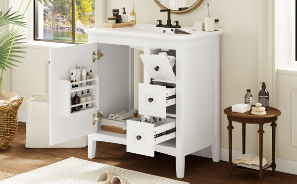English Elm 30 Inch Bathroom Vanity with Ceramic Sink and 3 Smooth-Glide Drawers, Modern Moisture-Resistant Storage White N710P252105K
