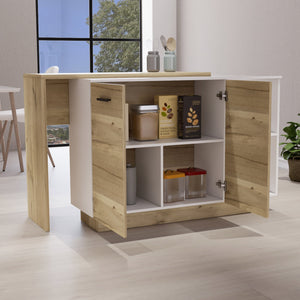 English Elm Kitchen Island With Double Door Cabinets, Two Open Shelves, Modern White & Light Oak Design Upgrade B097S00156