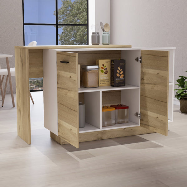 English Elm Kitchen Island With Double Door Cabinets, Two Open Shelves, Modern White & Light Oak Design Upgrade B097S00156