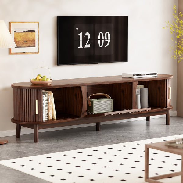 English Elm Modern Farmhouse TV Stand with Textured Woodgrain, Waterproof Surface, Sliding & Drop-Down Storage (75") N710P257615P