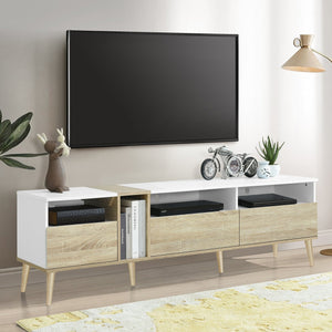 English Elm Modern TV Stand with 3 Drawers & 4 Open Shelves, 80" Media Console White+Wood, Cable Management, P2 Board N710P234108K