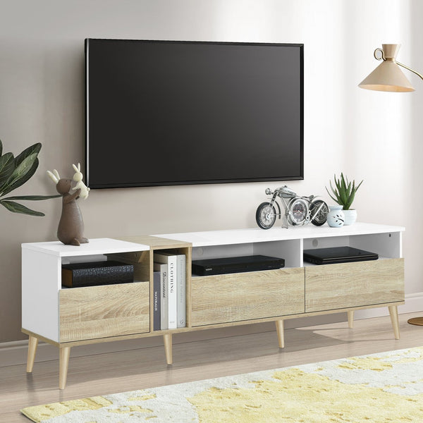 English Elm Modern TV Stand with 3 Drawers & 4 Open Shelves, 80" Media Console White+Wood, Cable Management, P2 Board N710P234108K